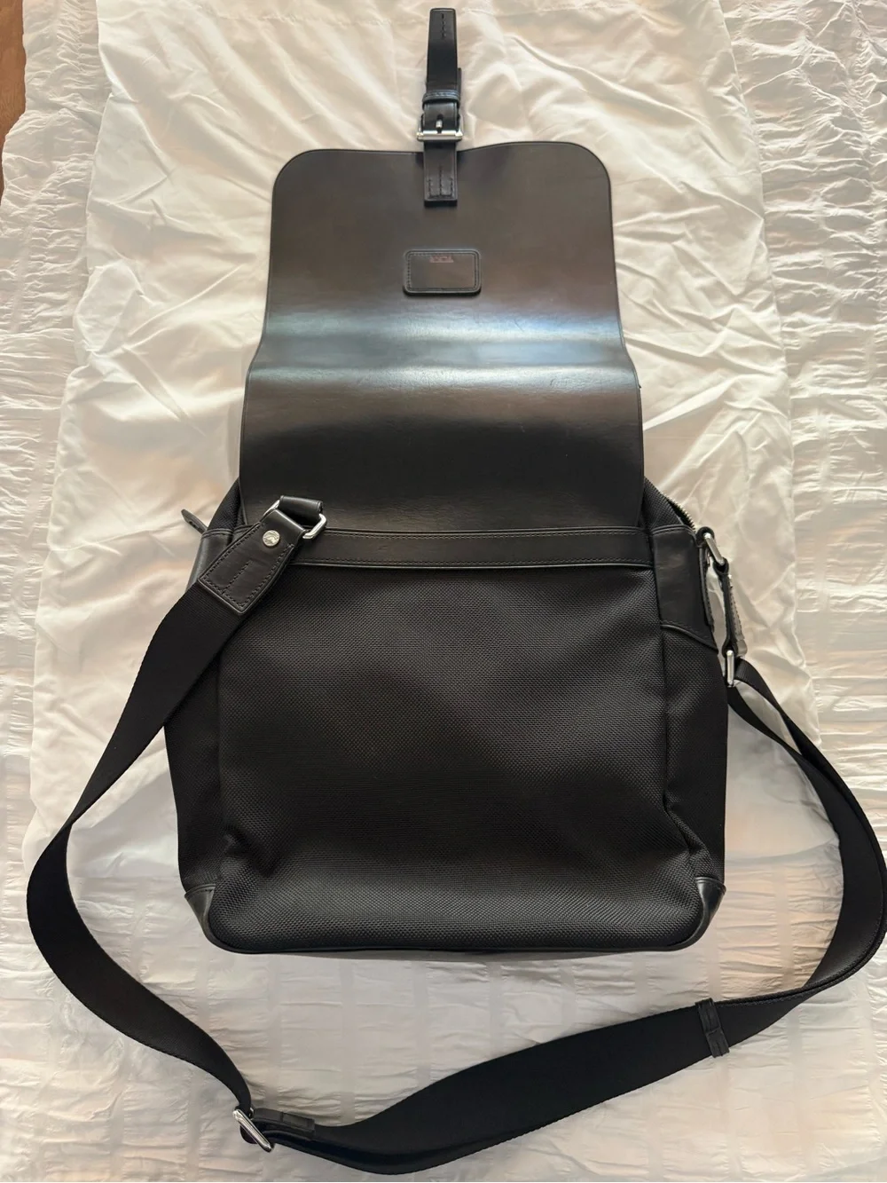 TUMI Black Leather & Ballistic Nylon Messenger Bag